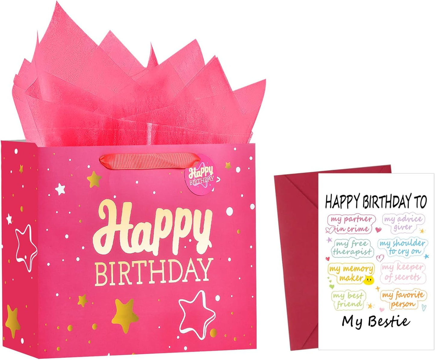 Powbrace 13" Pink Happy Birthday Gift Bag with Tissue Paper and Greeting Card for Party,Happy Birthday Gift Bag for Women Bestie, Gift Bags Medium size(1 PCS Pink, Attach Bestie Cards)