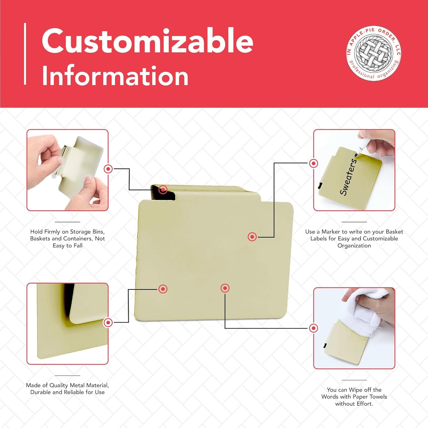 Labels for Storage Bins | Metal Storage Bin Clips (2.5” x 3.5”) - Set of 8 Basket Clip On Tags for Storage Bins w/Non-Slip Grip Pads & Dry Erase Marker - Removable Bin Labels for Storage Baskets