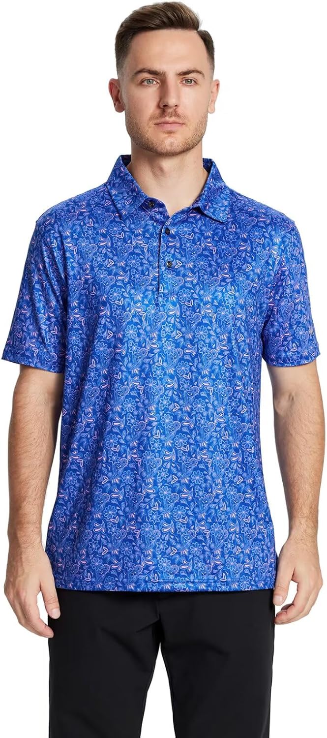 Golf Shirts for Men Dry Fit Short Sleeve Print Performance Moisture Wicking Polo Shirt