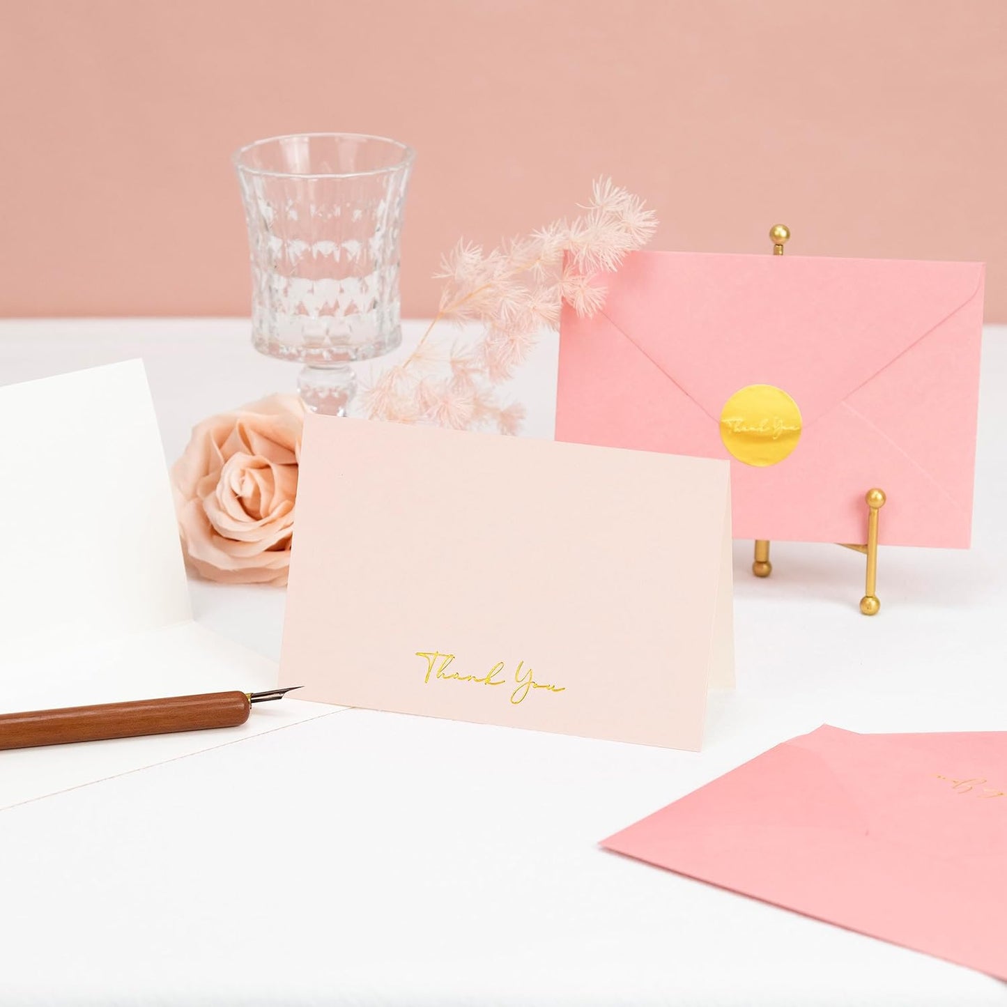 Crisky Pink Thank You Cards with Envelopes & Stickers， 50 Pack Bridal Shower Graduation Thank You Cards Small Business, Wedding Baby Shower Birthday Funeral Notes Bulk