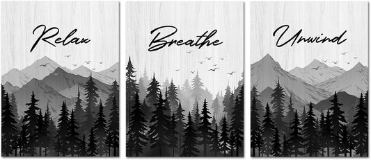Saypeacher Bathroom Wall Decor Black and White Wall Art Mountain Print Breathe Relax Signs for Bedroom 12x16inchx3pcs