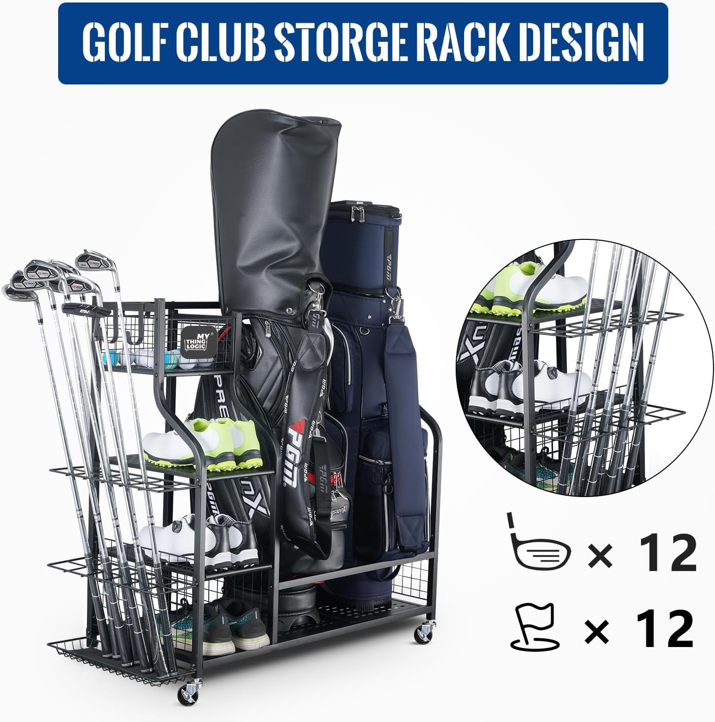 Mythinglogic Golf Storage Garage Organizer, Golf Bag Storage Stand and Other Golfing Equipment Rack, Extra Storage Rack for Golf Clubs