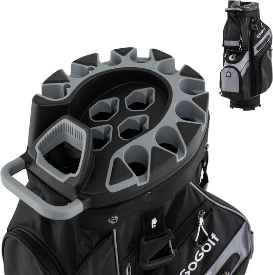 Tangkula Golf Cart Bag with 14-Way Full Length Dividers, 6 Molded Lock Top Golf Club Bag with 11 Pockets, Cooler Bag, Padded Strap, Handles, Umbrella Holder & Rain Hood