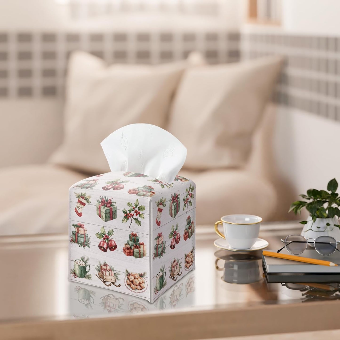 Merry Christmas Tissue Box Holder, Bow Leather Tissue Box Cover Square, Paper Facial Decorative Tissues Cover for Night Stands Bathroom Kitchen Office Home Decor-B32