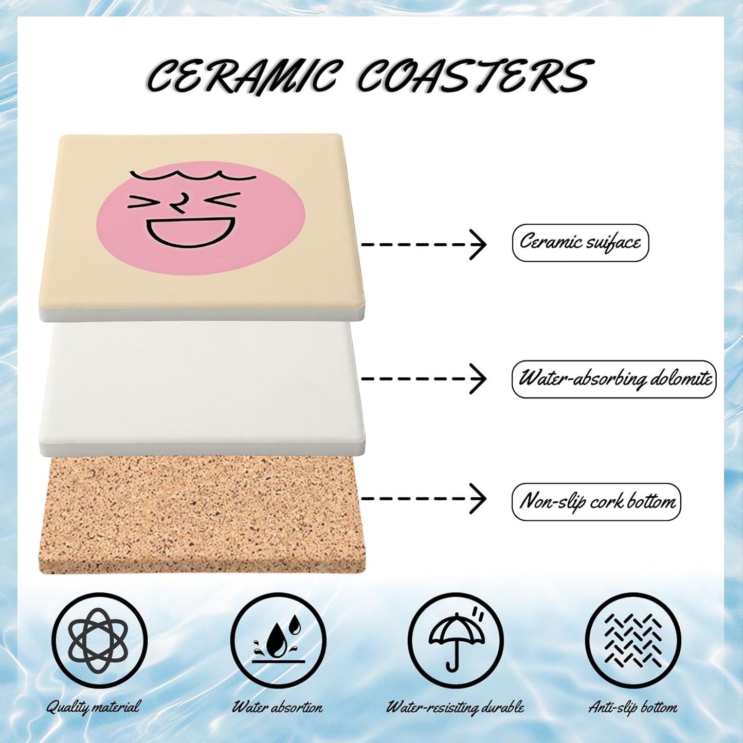 MAYCARI Cartoon Emotional Face Coasters Set of 6 Cork Backed Cute Coasters with Metal Holder Original Ceramic Surface Drink Cup Mats for Tabletop Protection Modern Desk Decoration Birthday Gifts