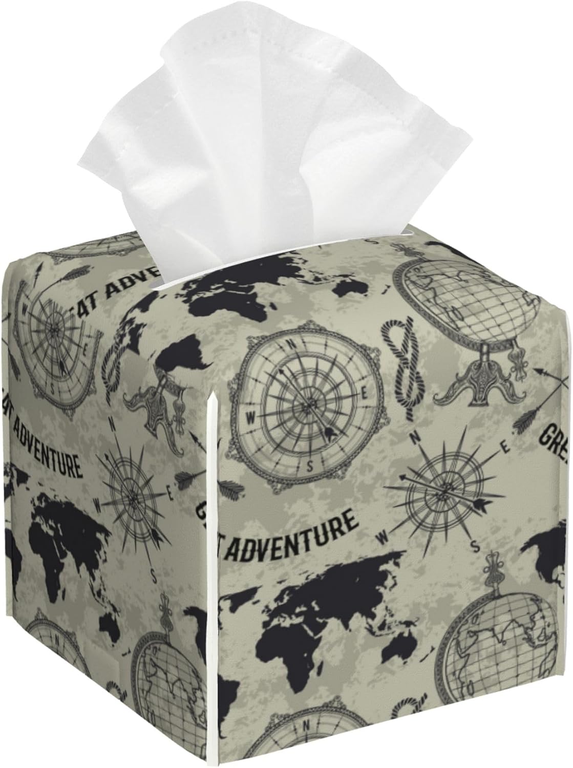 Tissue Box Cover Square,Retro Globe World Map Tissue Box Holder Waterproof Leather Facial Paper Case Modern Home Decoration for Bedroom Dresser Night Stand Office Desk