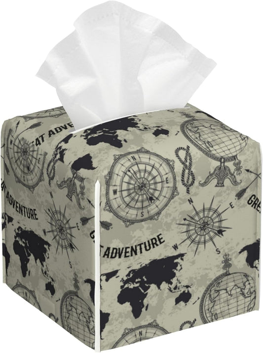 Tissue Box Cover Square,Retro Globe World Map Tissue Box Holder Waterproof Leather Facial Paper Case Modern Home Decoration for Bedroom Dresser Night Stand Office Desk