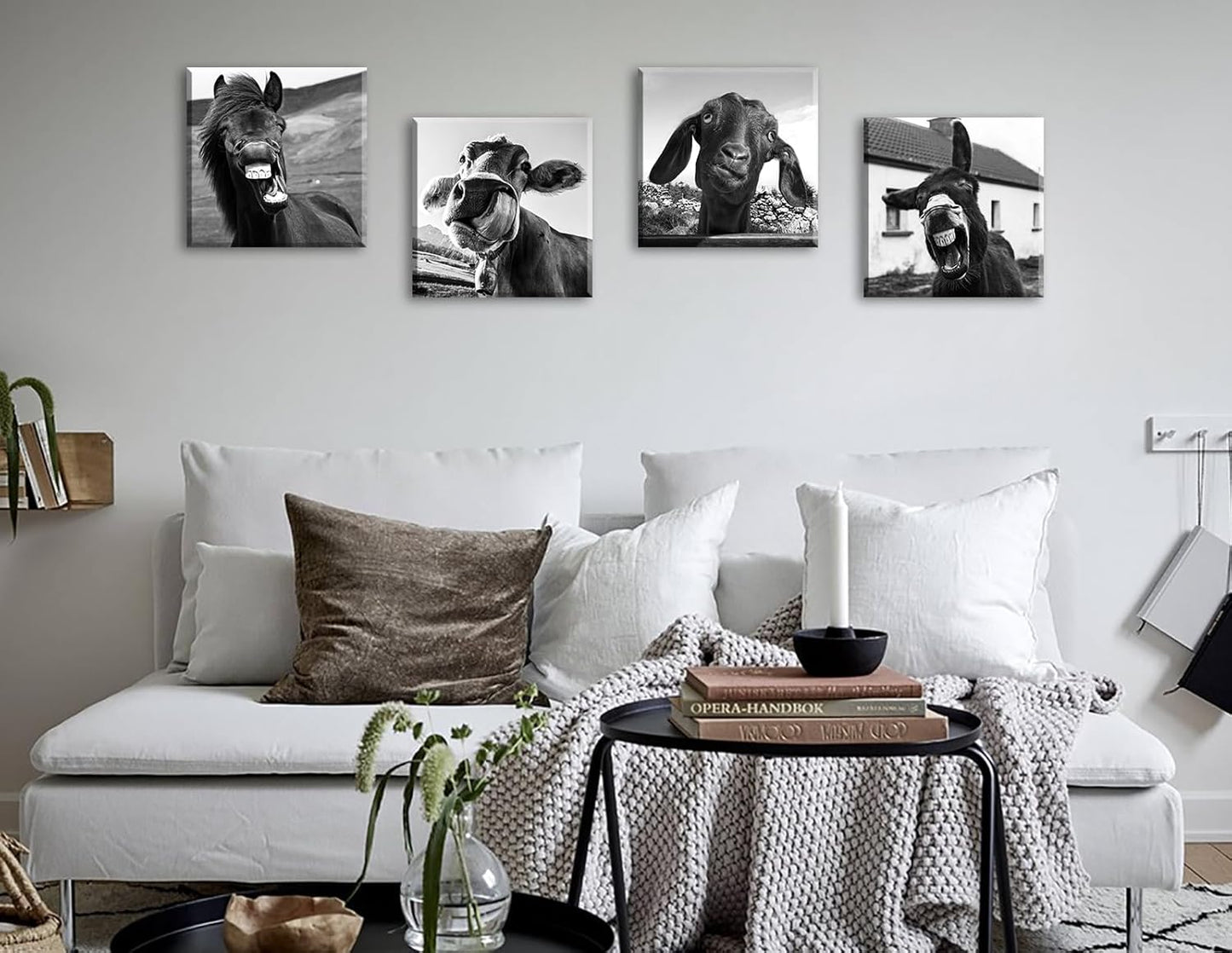 Black and White Wall Art Animal Wall Decor Horse Donkey Sheep Cow Canvas Pictures Prints Funny Decor Posters for Mens Bedroom Office Farmhouse Decoration Stretched Framed Ready to Hang 12×12 inch×4