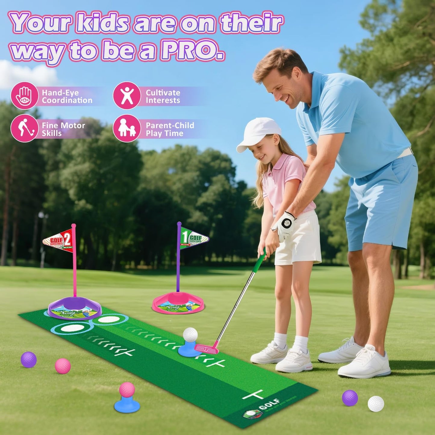 Kids Toy Golf Set with Dinosaur Automatic Golf Returner, Led Light Up Night Golf Balls, 3 Clubs, Putting Mat, 3-8 Toddler Mini Golf Games, Indoor Outdoor Sports Toys for Boys Girls (Pink)