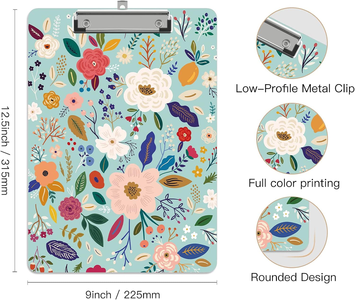 Plastic A4 Clipboards, Cute Clip Board Stardard Letter Size 9 x 12.5 in, Office Decorative for Students Women Men and Kids, Green Flower