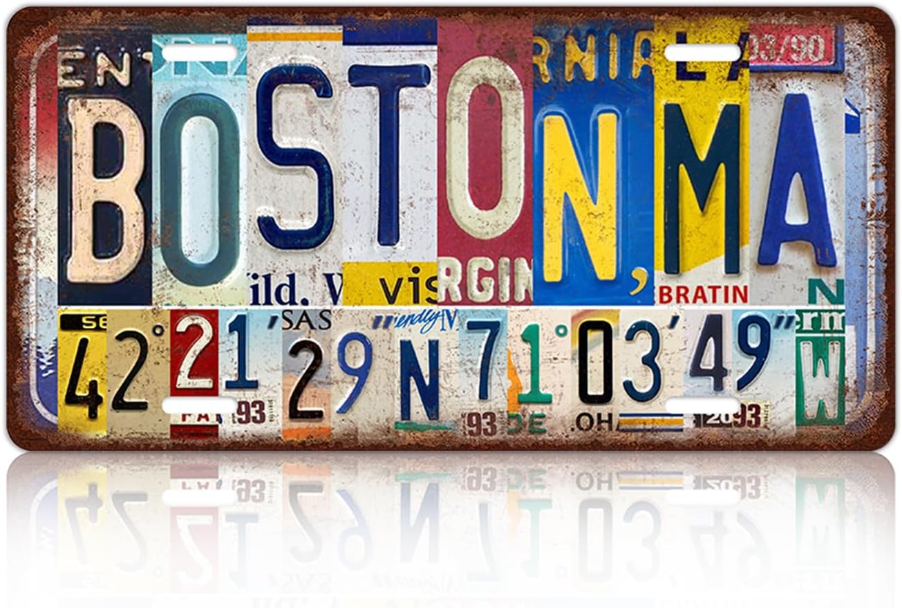Vintage City License Plate Boston,Ma Wall Decor Metal Tin Sign for Bar Home Bedroom 12 x 6 Inches （Including latitude and longitude）