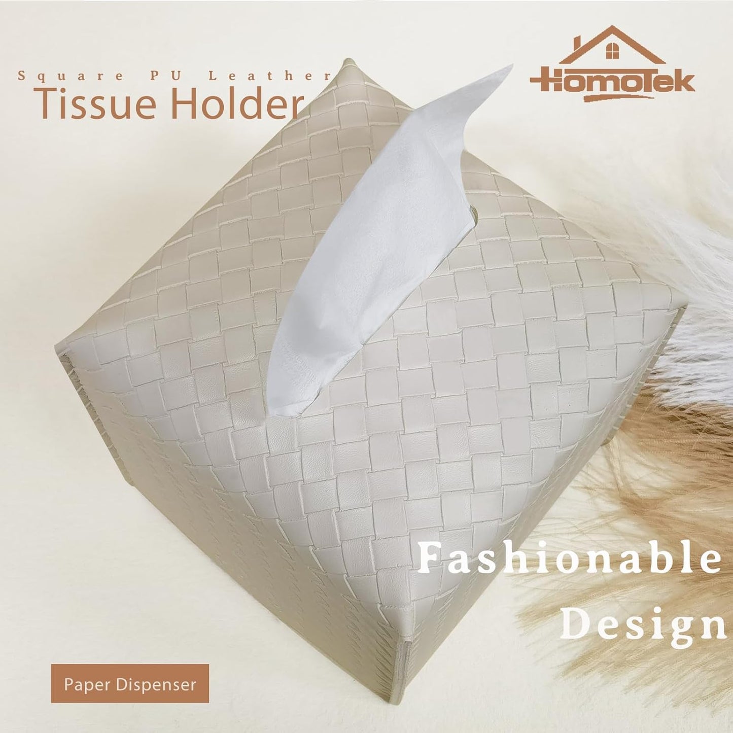 HOMOTEK 2 Pack Tissue Box Cover,PU Leather Tissue Holder,Square Decorative Facial Tissue Cube Paper Organizer Dispenser for Bathroom, Night Stands, Desk, Car 5X5X5'' - Woven Waffle, Ivory