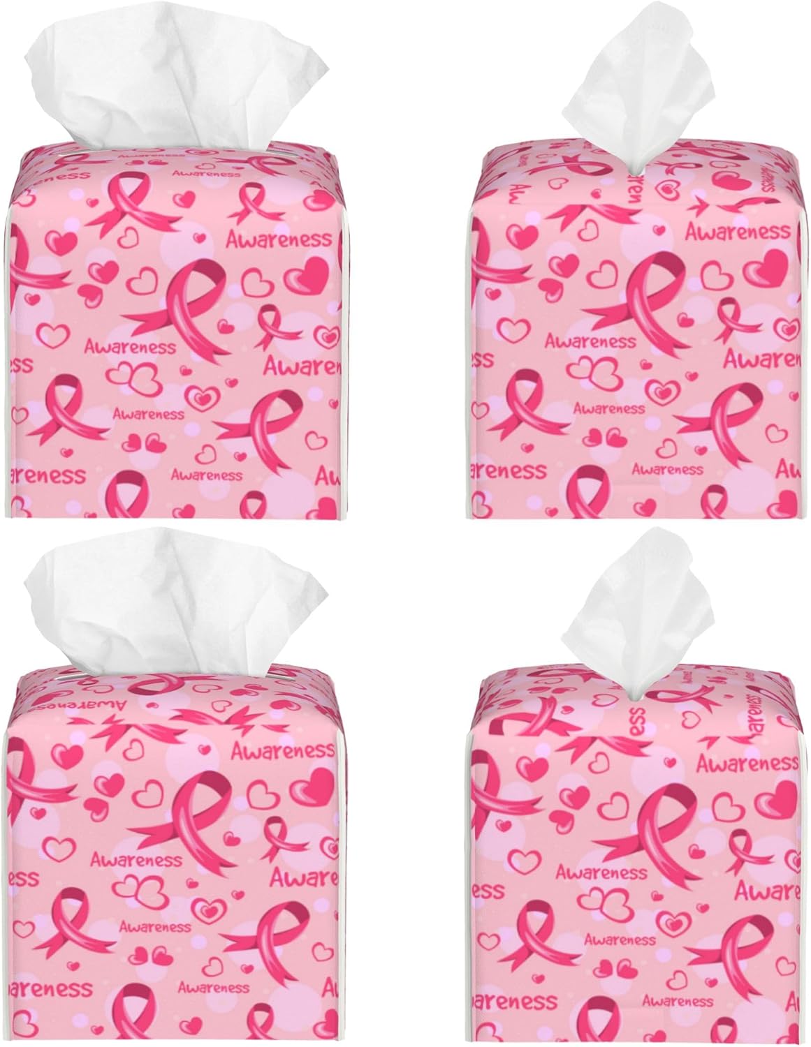 Breast Cancer Awareness Tissue Box Cover Square,Ribbons and Hearts Tissue Box Holder Waterproof Leather Facial Paper Organizer Dispenser for Bathroom Home Car Nightstand Vanity Desk