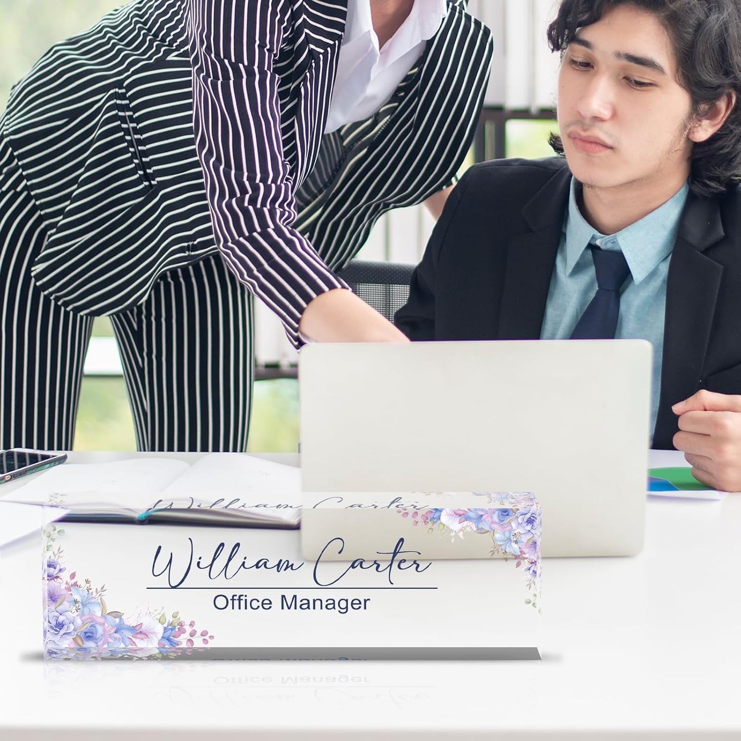 Personalized Name Plate for Desk Custom Acrylic Desk Name Plate Custom Employee Appreciation Gifts Office Gifts for Women, Men, Boss, Coworkers, Teacher, Nurse (Purple Flower)