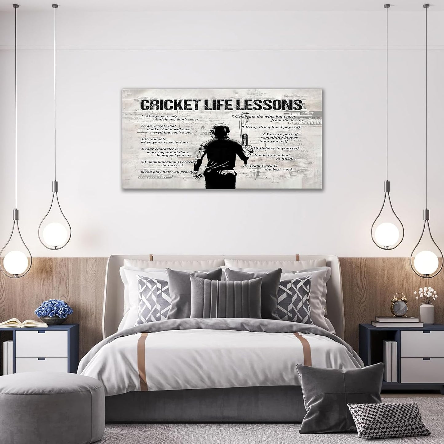 Cricket Sports Wall Art for Living Room Large Size Cricket Life Lessons Wall Decor Cricket Sign Retro Canvas Prints Inspirational Pictures Painting Artwork Home Decoration Master Bedroom Gym 60"X30"