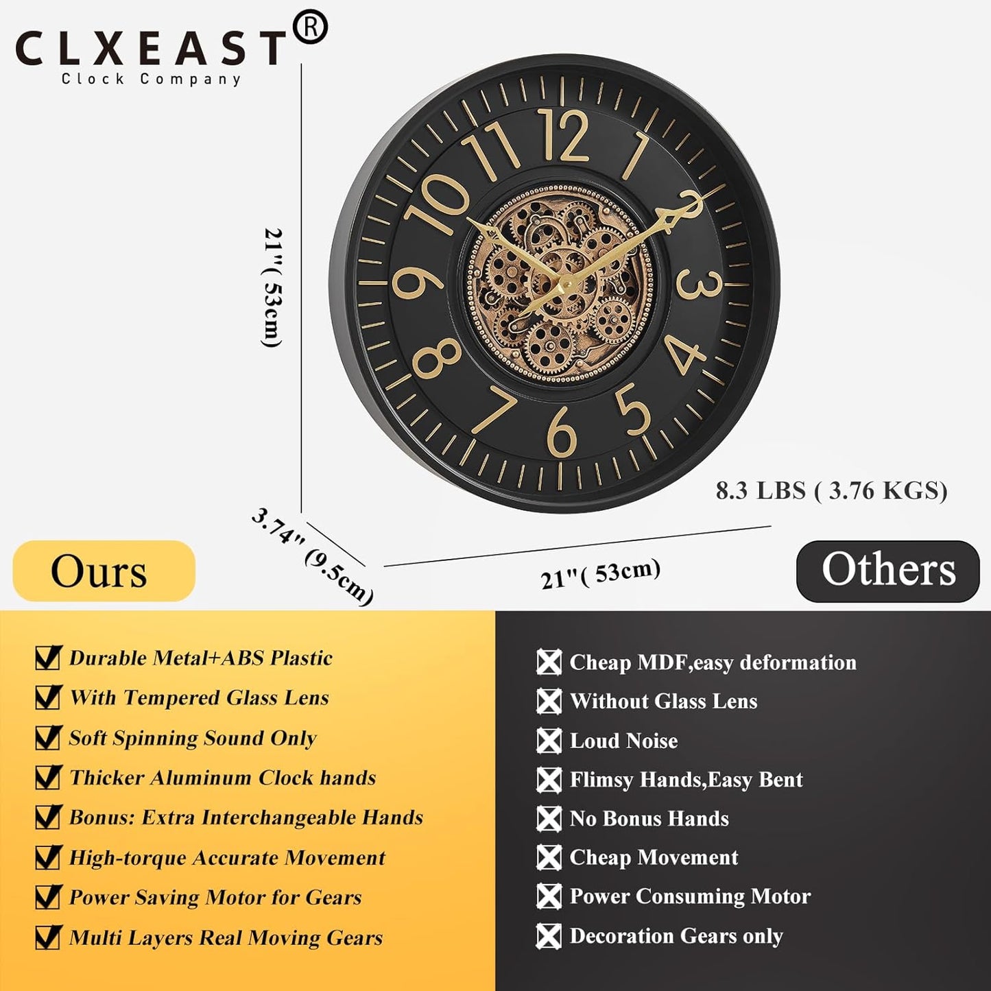 CLXEAST 21 Inch Moving Gear Wall Clock, Large Regular Arabic Numeral Wall Clocks for Living Room Decor,Modern Black& Gold Finish,House Warming Gifts New Home