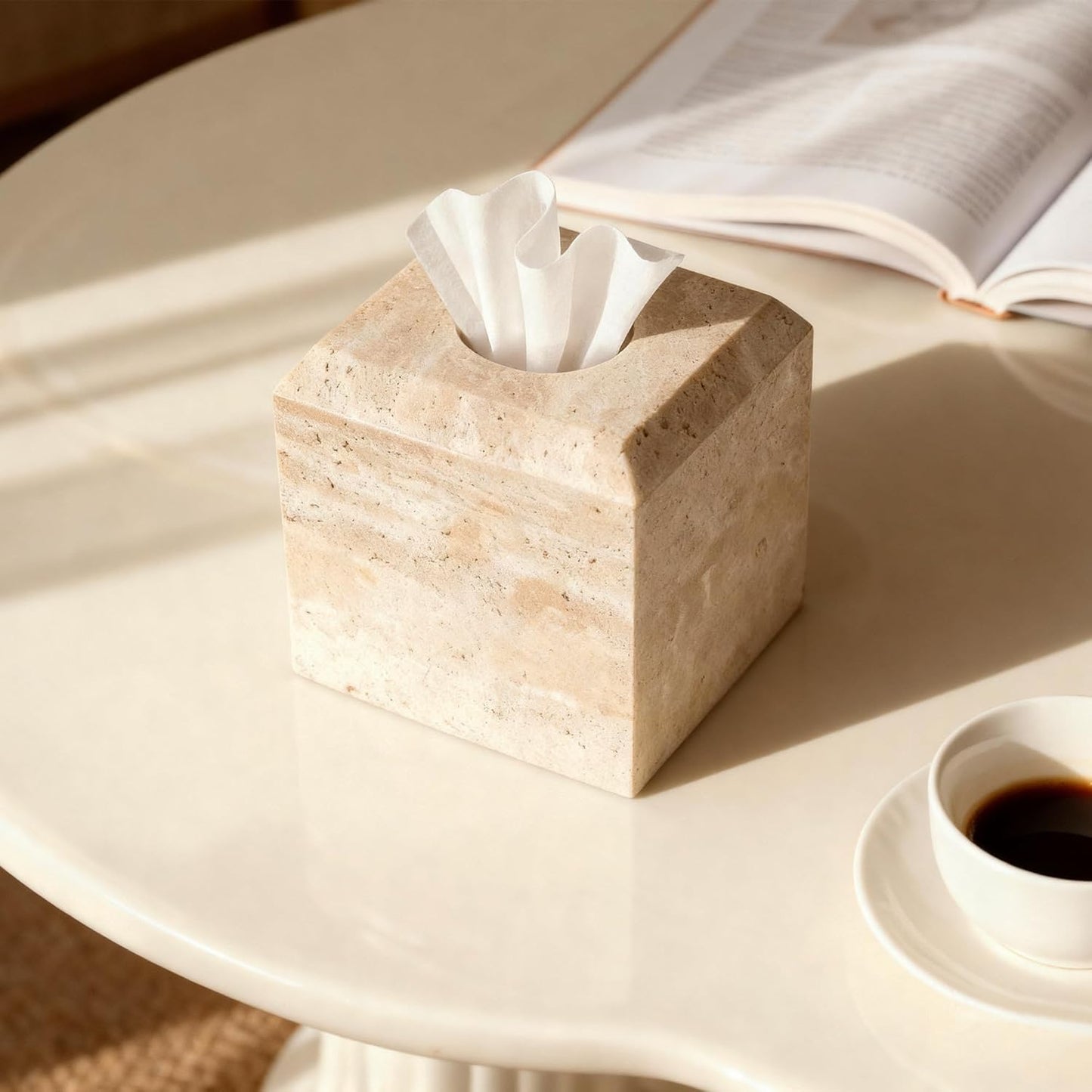 WORHE Tissue Box Cover Italy Natural Travertine Stone Heavy Duty Square Facial Toilet Paper Holder for Bathroom Living Room Bedroom Dresser Kitchen Minimalistic Office Home Decor Beige (TBC145WT)