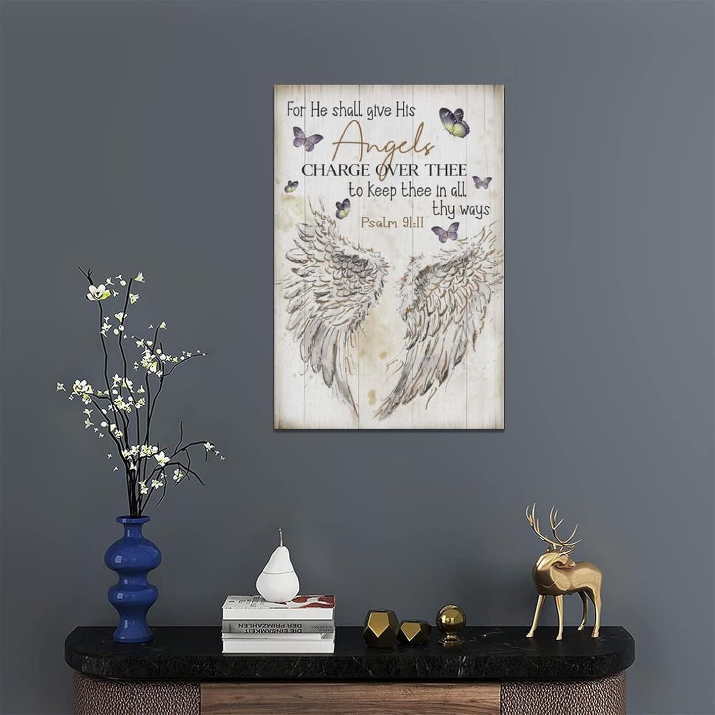 Scripture Psalm 91 Wall Art Christian Angel Wings Pictures Wall Decor Bible Verse Canvas Painting Print Artwork Abstract Modern Home Decorations Framed Ready to Hang for Office Living Room 16"x24"