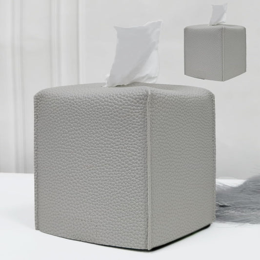 HOMOTEK 2 Pack Tissue Box Cover, Square PU Leather Tissue Holder, Decorative Facial Tissue Cube Paper Organizer Dispenser for Bathroom, Night Stands, Desk, Car 5X5X5'' - Light Gray, Pebble Grain