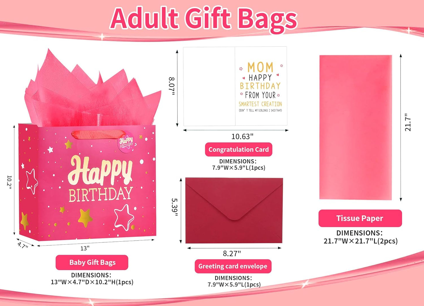 13" Pink Happy Birthday Gift Bag with Tissue Paper and Greeting Card for Party,Happy Birthday Gift Bag for Women Mother, Gift Bags Medium size(1 PCS Pink, Attach Mom Cards)