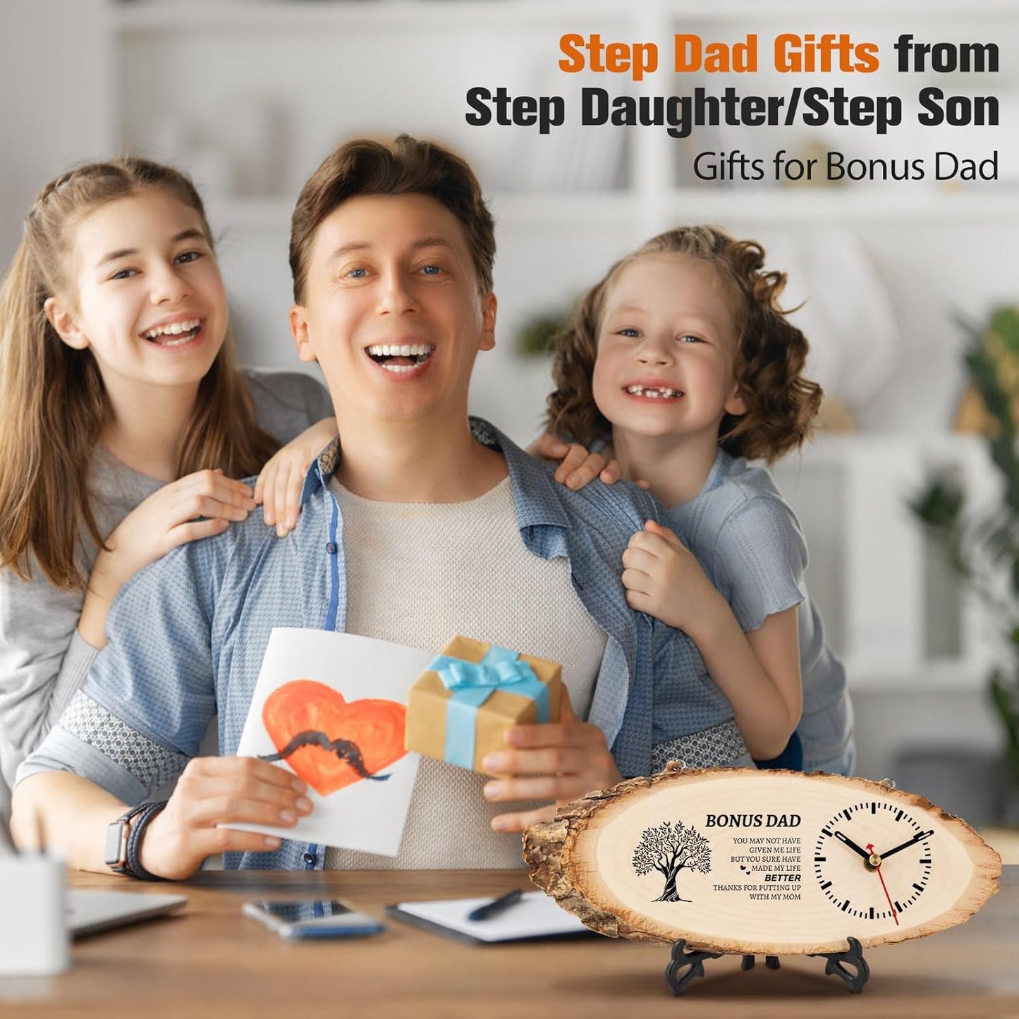 BeauGift Gifts for Stepdad, Bonus Dad from Daughter, Son, Birthday Gifts for Stepdad Wooden Clock, Bonus Dad Gift for Fathers Day, Christmas, Birthday, Wedding Gifts