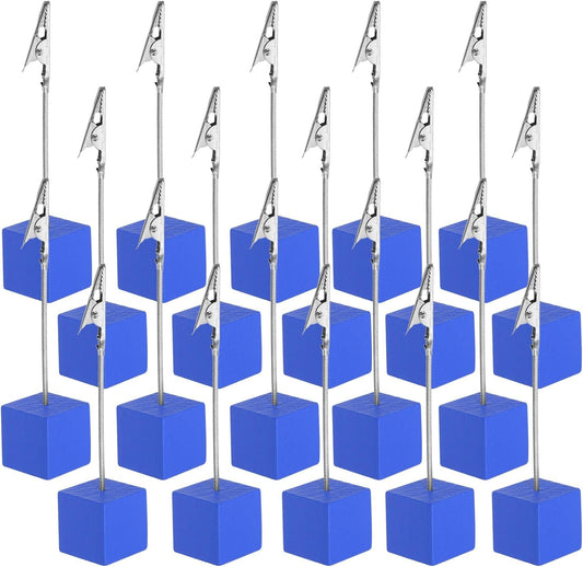 PATIKIL Place Card Holder, 20Pcs Memo Clip Holder Stand with Alligator Clasp Table Number Holders Wooden Base for Pictures Note Card Paper, Blue