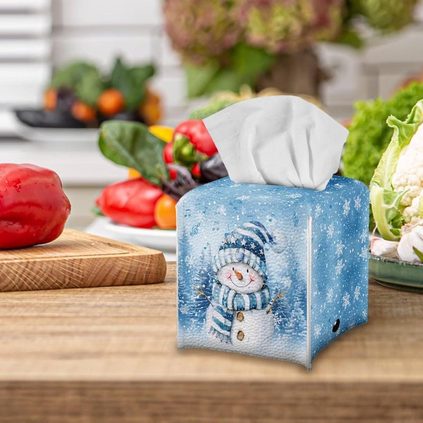 Cute Snowman Tissue Box Cover Christmas Tissue Cover Square Leather Facial Paper Box Holder for Desk Bathroom Vanity Countertop 5x5x5 inch Holiday Home Decor