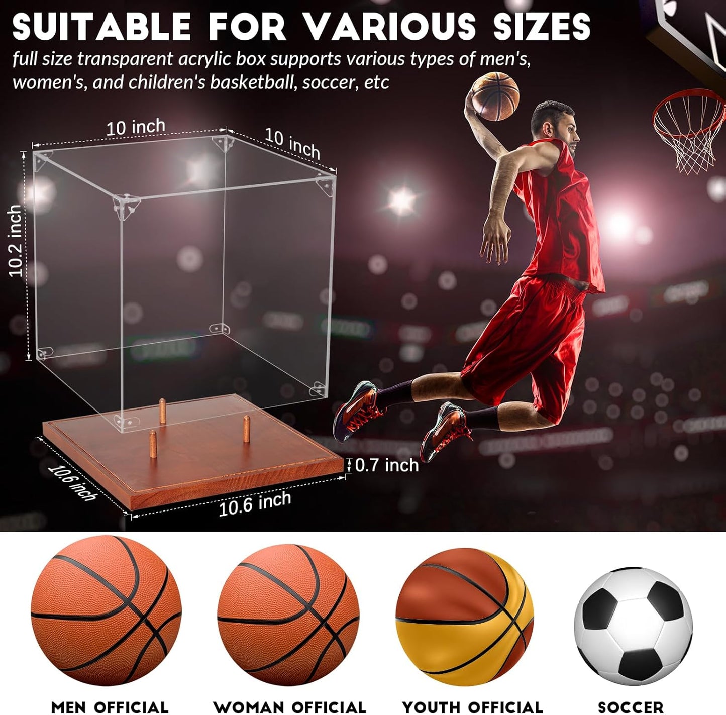 JupDec Basketball Display Case Acrylic Clear 10" Full Size with Solid Wood Base, UV Protected Soccer Display Stand Box for Autographed Standard NBA WNBA Ball Memorabilia Keepsake Ideal Gift Athlete