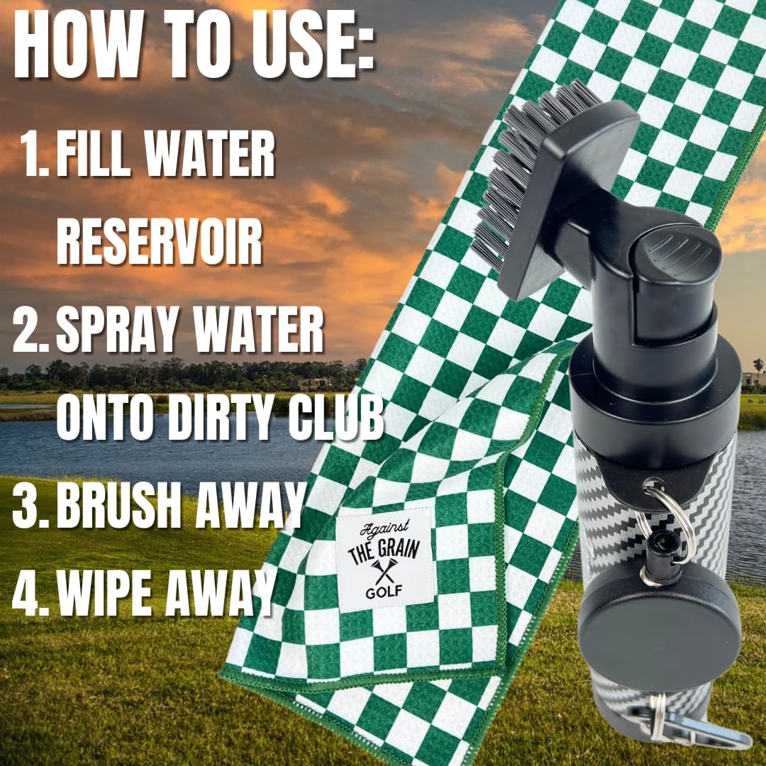 Against The Grain Golf Club Cleaning Kit - Includes Water Golf Club Brush & Microfiber Golf Towel (12"x20") Perfect Golf Bag Accessories for Men & Women Golf Gifts for Men