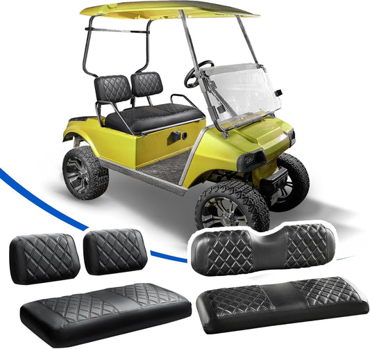 NOKINS 4PCS Golf Cart Seat Covers Kit, Front and Rear Seat Covers Fits Club Car DS Pre-2000 Standard Seat Cushion, Club Car DS Vinyl Seat Covers Accessories(Black&Black Stitching)