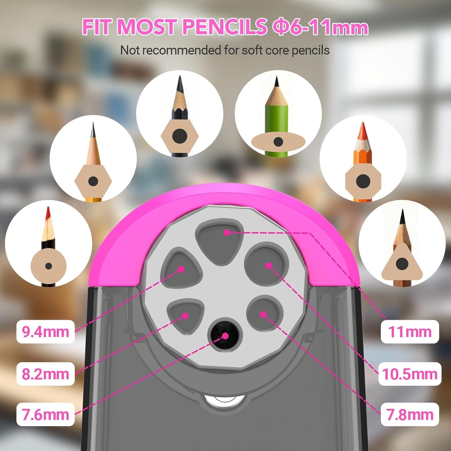 AFMAT PSD2 Electric Pencil Sharpener Heavy Duty, 6 Holes, Cordless & Rechargeable, Fast Sharpen, Auto Stop, 10K+ Uses, Classroom Pencil Sharpener for 6-11mm No.2/Large/Colored Pencils, Pink