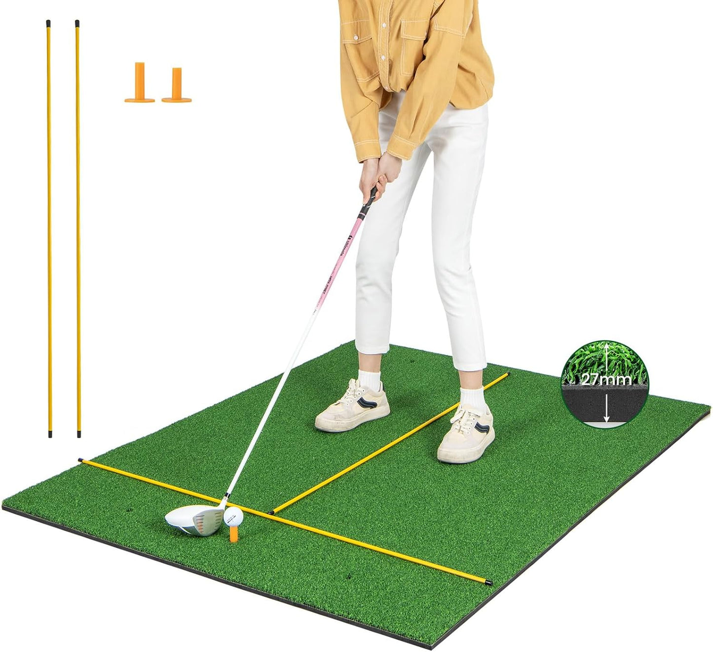 Tangkula Golf Hitting Mat, Artificial Turf Mat for Indoor/Outdoor Golf Practice Includes 2 Rubber Tees & 2 Alignment Sticks, Golf Training Mat for Home Backyard Garage