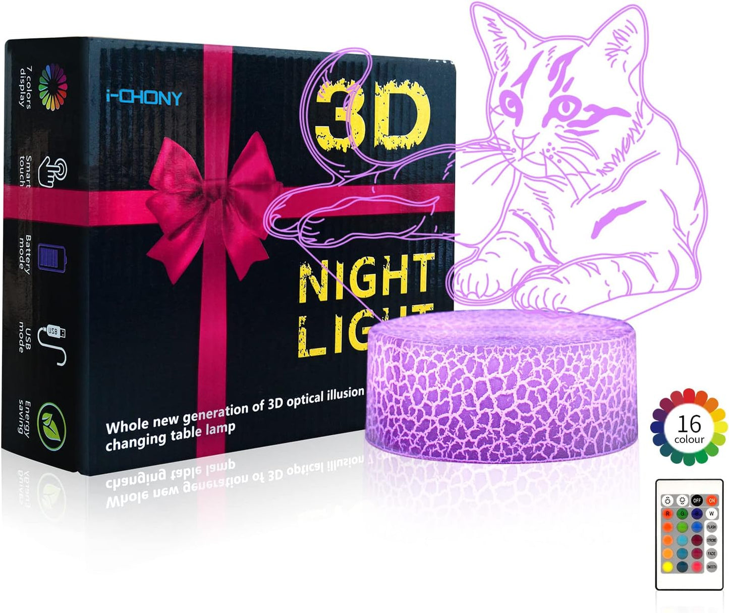 i-CHONY Cat Gift 3D Illusion Lamp,Cute LED Night Light,with Remote & Smart Touch 16 Colors Bedroom Decorations Bedside Lamp - Cat Love Gift for Women Teens Girls Kids Birthday Christmas
