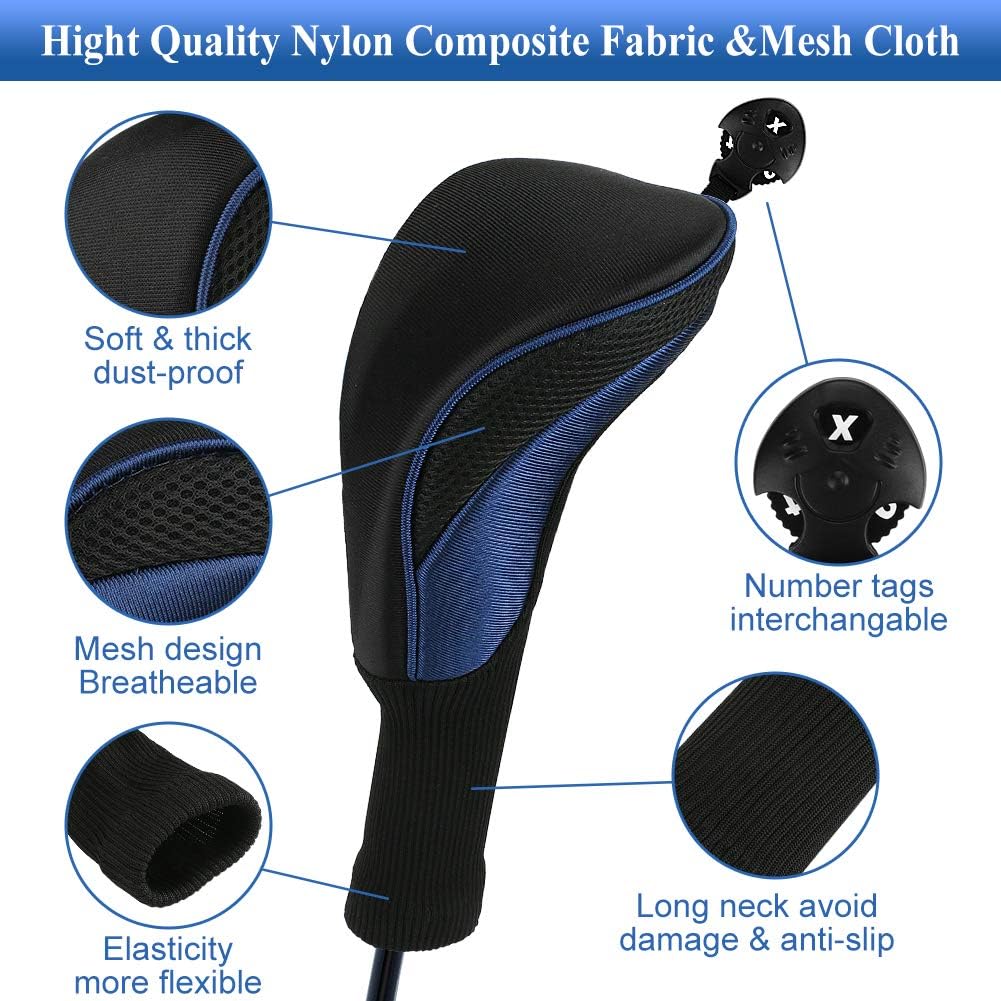 Golf Club Head Covers for Fairway Woods Driver Hybrids, 3Pcs Long Neck Mesh Golf Club Headcovers Set with Interchangeable No. Tags 3 4 5 6 7 X
