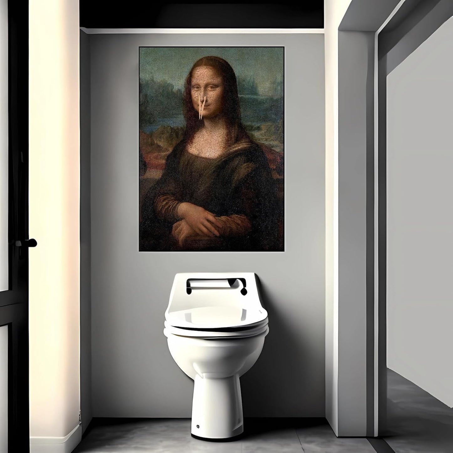 Funny Bathroom Wall Art Classical Oil Painting Mona Lisa Poster Amusing Pinching Nose Canvas Prints Vintage Humor Wall Decor for Restroom Toilet 20x30in Framed