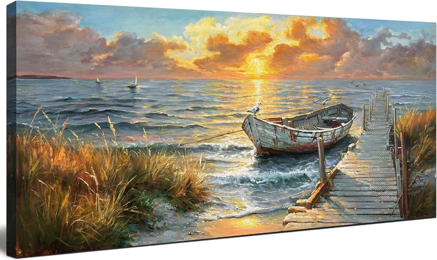 dgbtcart Ocean Sailboat Wall Art for Living Room Beach Sunset Canvas Picture Coastal Nautical Seascape Painting Artwork Vintage Farmhouse Wall Decor for Bathroom Bedroom Office Home 20"x40"