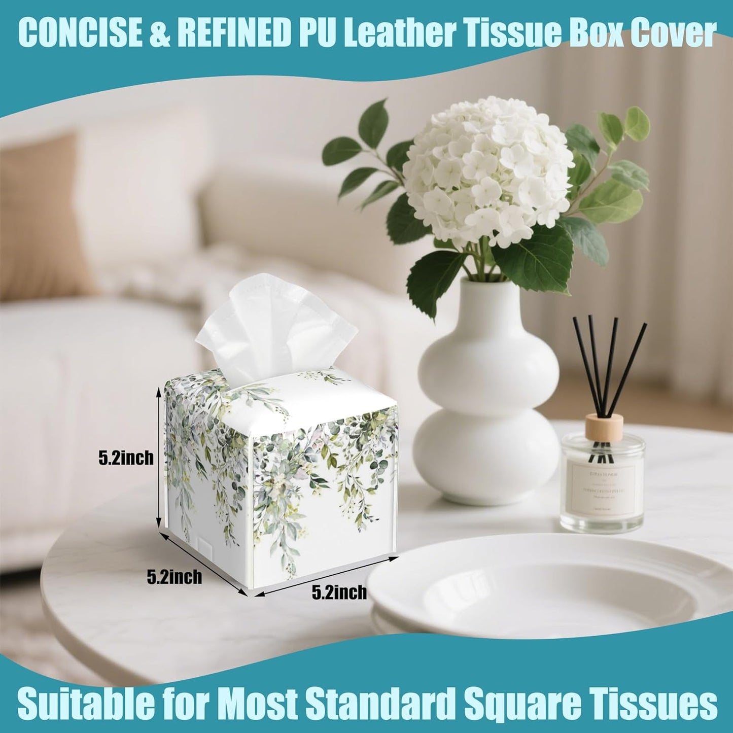 Watercolor Floral Leaves Tissue Box Holder,Square Leather Tissue Box Cover with Bottom Belt,Waterproof Modern Napkin Holder Organizer for Car Bathroom Nightstand Vanity Tabletop,5.2" x 5.2" x 5.2"