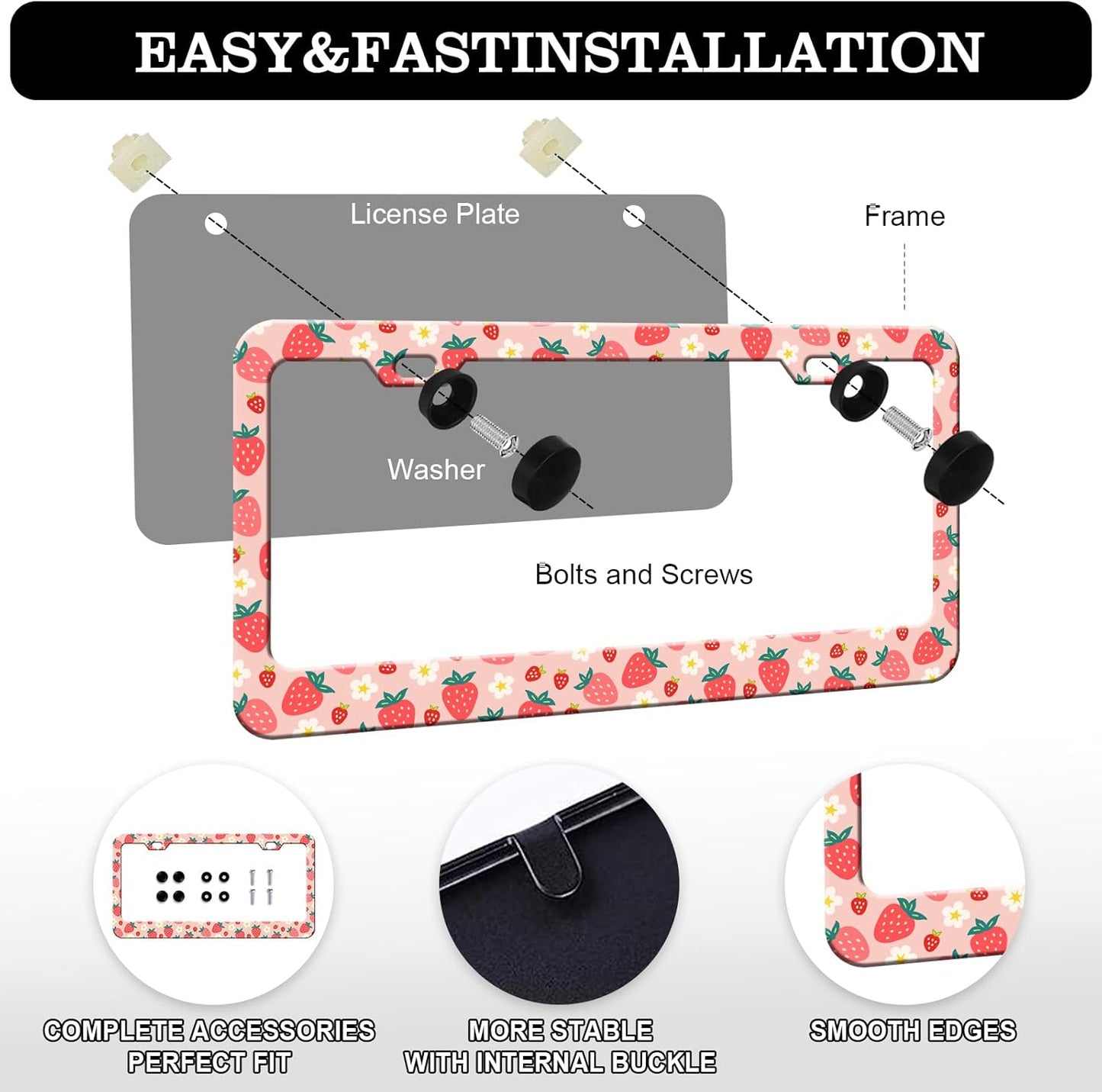 Pink Strawberry License Plate Frames - 2 Pack Cute Fruit License Plates Holder Covers Car Accessory, Aluminum Metal Rust-Proof Waterproof Car Tag Frame with Screws Fasteners Caps