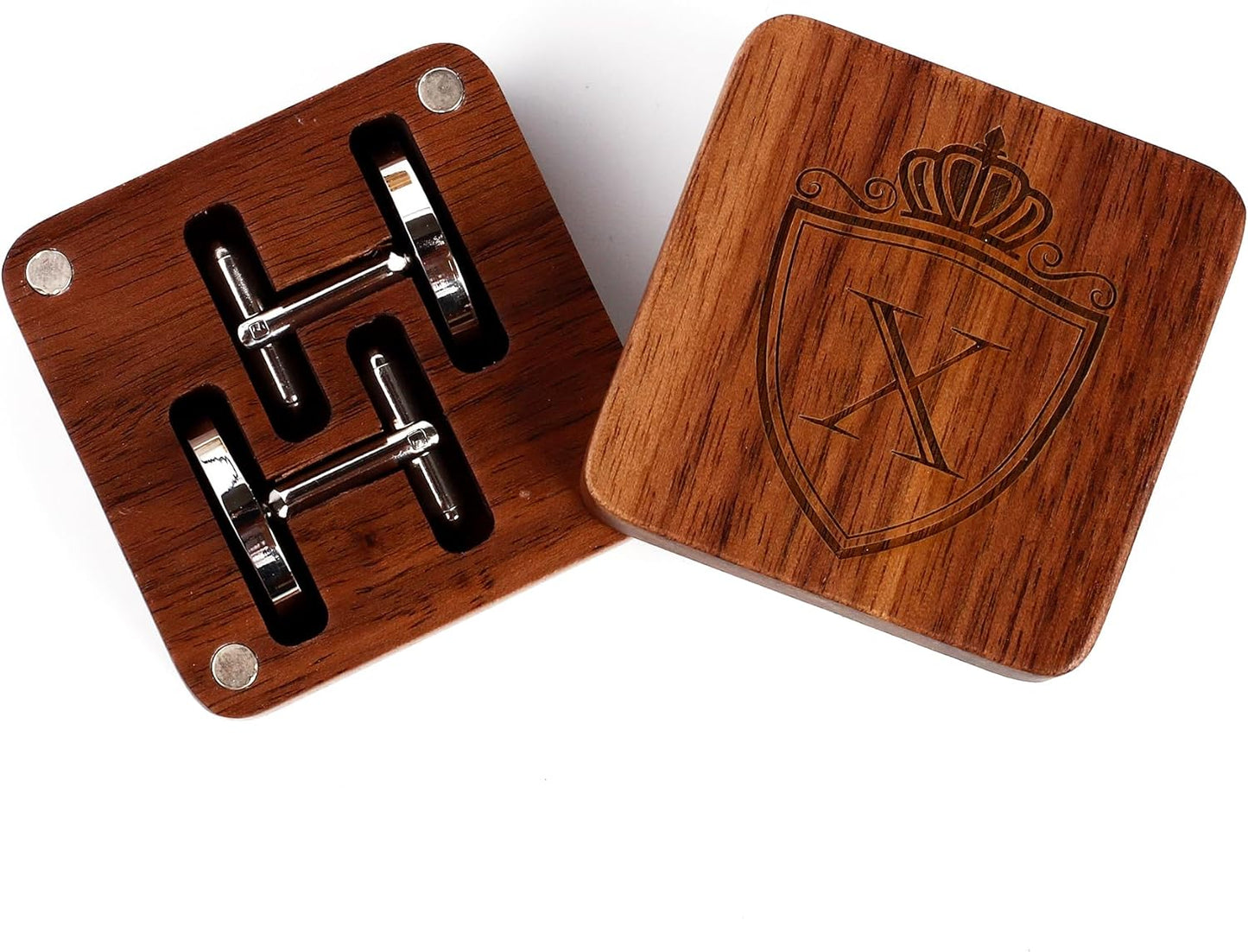 Mens Initial Silver Cufflinks A-Z Alphabet Letter Steel Cuff Links with Engraved Walnut Wood Box Groom Groomsman Wedding Set…