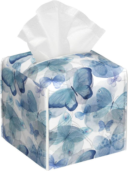 Abstract Blue Butterflies Tissue Box Cover Square, Tissue Box Holder Leather Facial Paper Case Decorative Organizer Holder Dispenser Home Office Car Decor