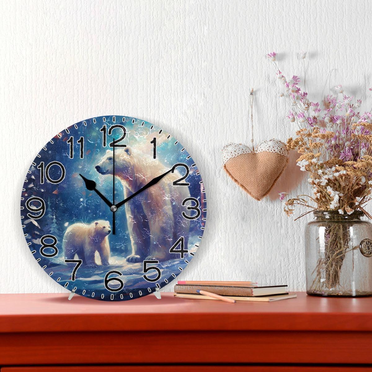 White Polar Bear Blue Lights Wall Clock Battery Operated Non Ticking Silent Quartz Analog Rustic Farmhouse Round Clock Retro Decor for Home Kitchen Living Room Bathroom