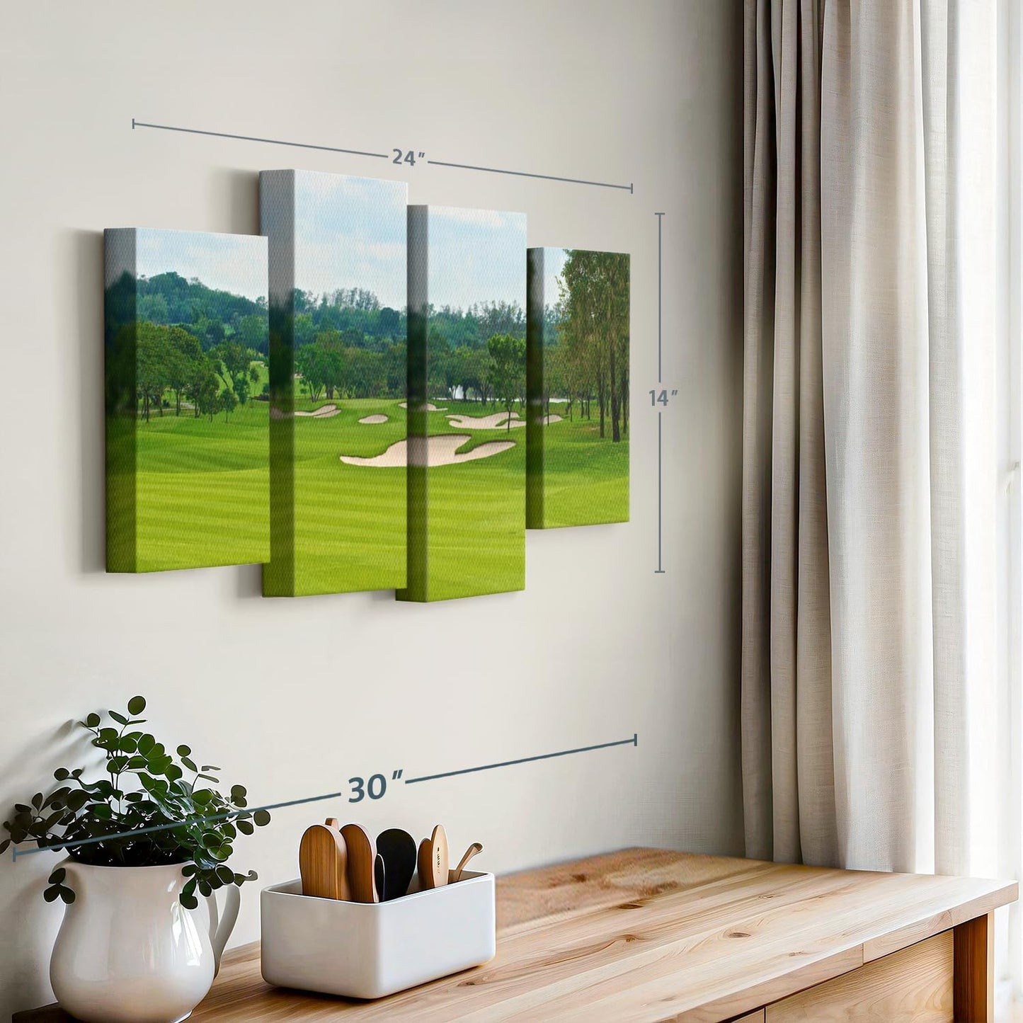 Elephant Stock Beautiful Golf Course Wall Art - Horizontal Canvas - 4-Piece Living Room Wall Decor - Tree Photography Canvas Print - Green and Blue Decor for Wall - 24" X 14"