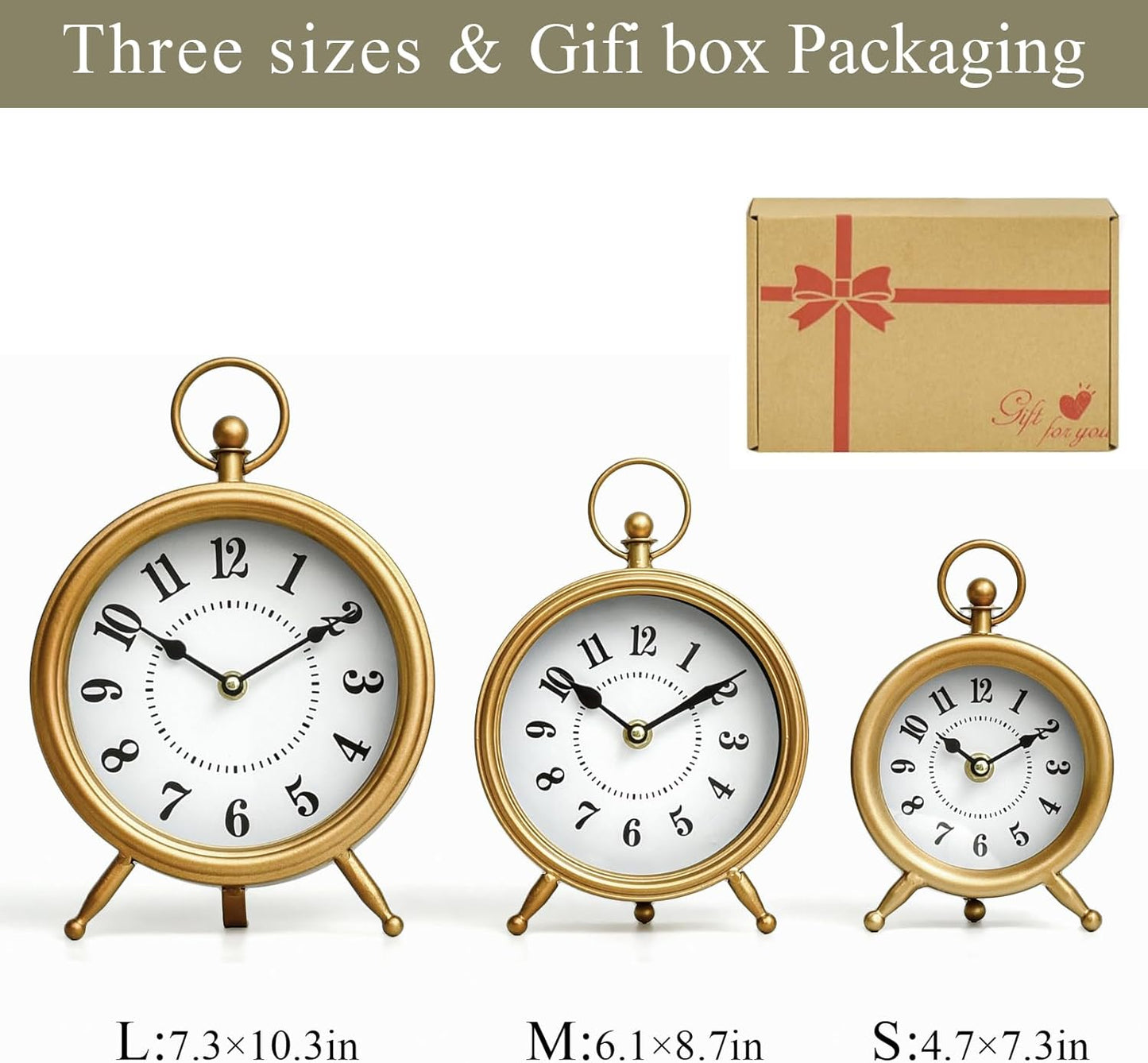 Small Gold Desk and Shelf Clock, 4.7*7.3 Inch Retro Elegant Tabletop Clock with Glass Cover, Silent Non-Ticking Battery Operated Decorative Clock for Living Room, Office, Bedroom, Gift Idea