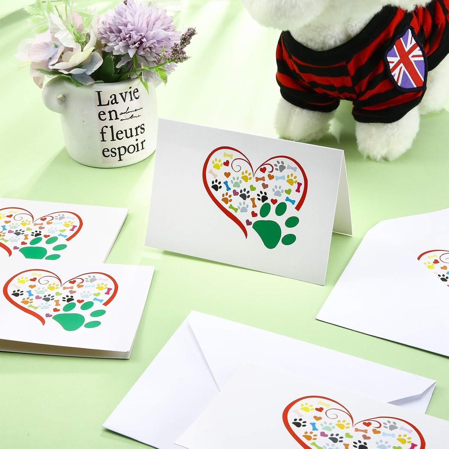 Zonon 48 Pcs Paw Printed Note Cards Set 24 Thank You Note Cards Heart Paw Print Blank Greeting with 24 White Envelopes Animal Lovers Pet Shop Birthday Party(Colorful)