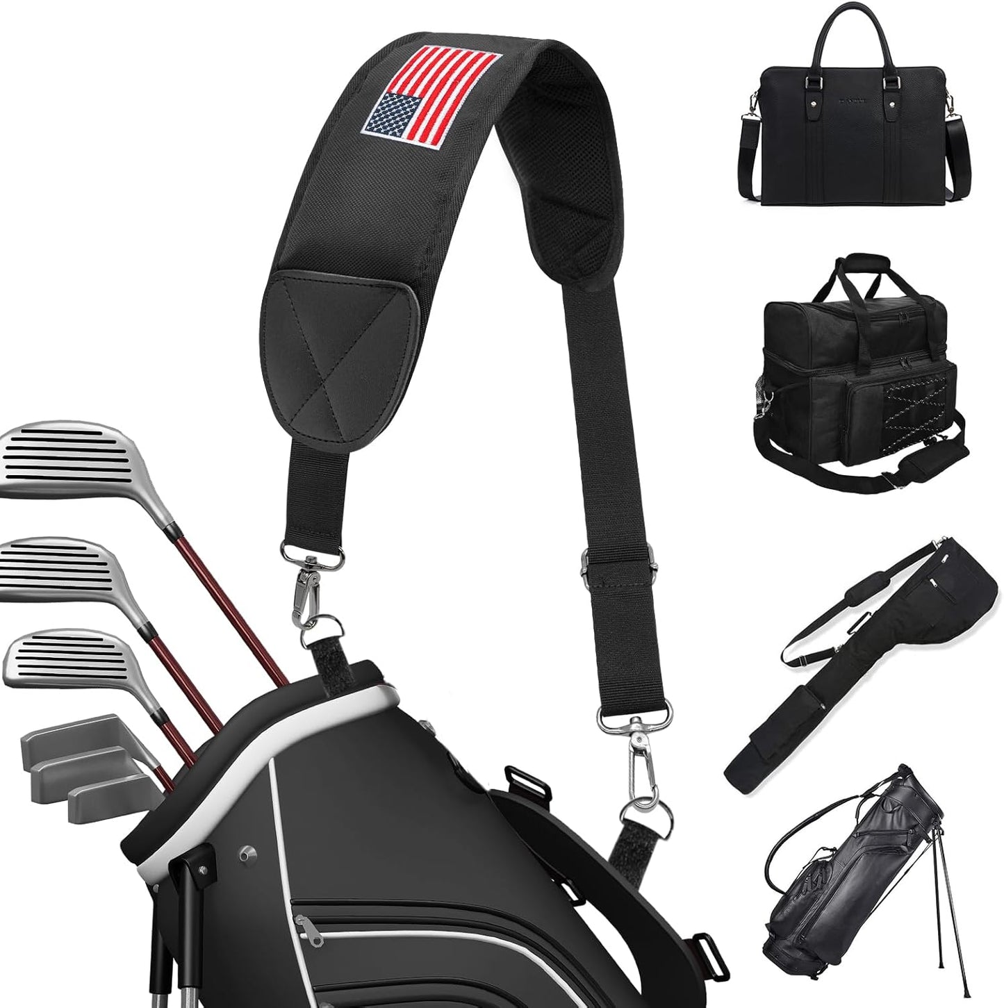 Golf Bag Strap Replacement Golf Bag Shoulder Strap Adjustable Single Padded Shoulder Strap Waterproof Golf Bag Backpack Straps (Black-USA Flag)