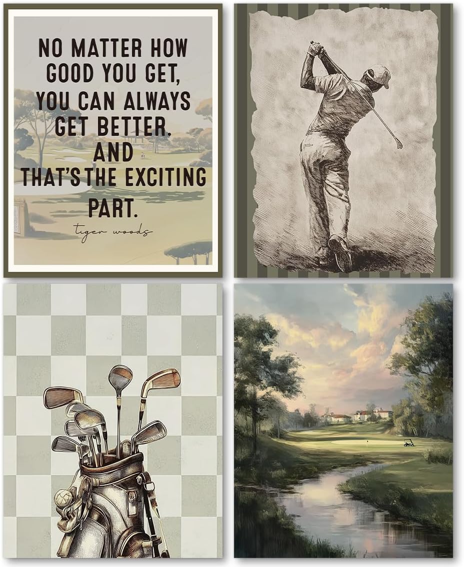 laveliabel Vintage Golf Wall Art Prints Set of 4 Unframed, Golf Pictures Wall Decor, GolfGifts for Men, Vintage Retro Checkered GolfPoster Prints for Home Room GolfOffice WallDecor 8x10inches