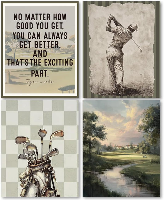 laveliabel Vintage Golf Wall Art Prints Set of 4 Unframed, Golf Pictures Wall Decor, GolfGifts for Men, Vintage Retro Checkered GolfPoster Prints for Home Room GolfOffice WallDecor 8x10inches