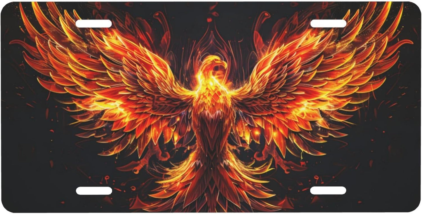 Golden Animal Phoenix Front License Plate for Car Designs Stainless License Plate Cover Holder for Men Women Metal Aluminum Decorative Accessory Vanity Tag Standard 6 X 12 Inch (4 Holes)