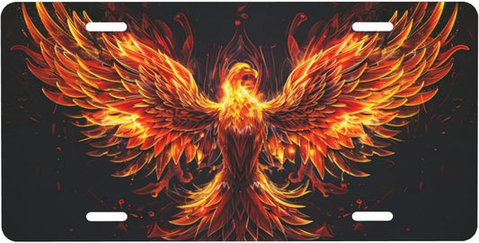 Golden Animal Phoenix Front License Plate for Car Designs Stainless License Plate Cover Holder for Men Women Metal Aluminum Decorative Accessory Vanity Tag Standard 6 X 12 Inch (4 Holes)