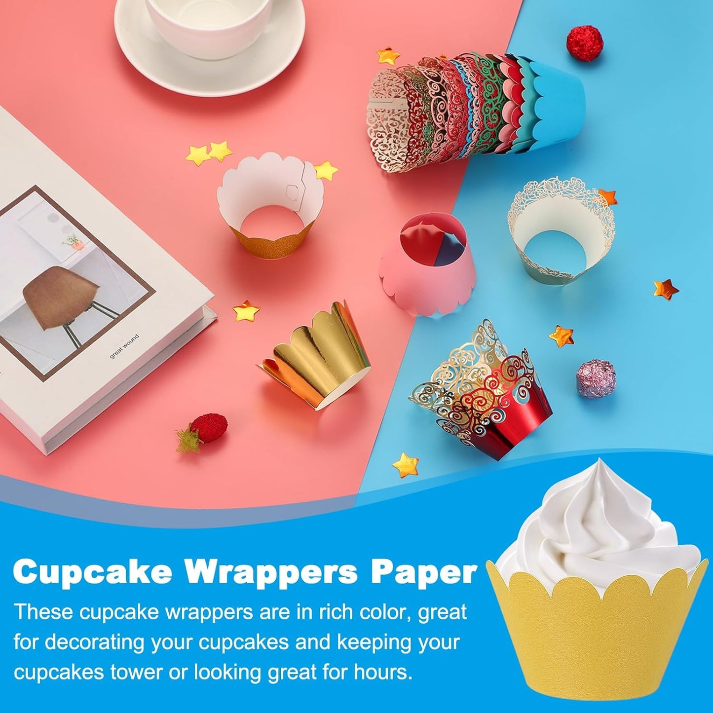 PATIKIL Cupcake Wrappers Paper, 50 Pack Baking Cups Standard Wave Decoration for Anniversary Birthday Weddings and Parties, Gold